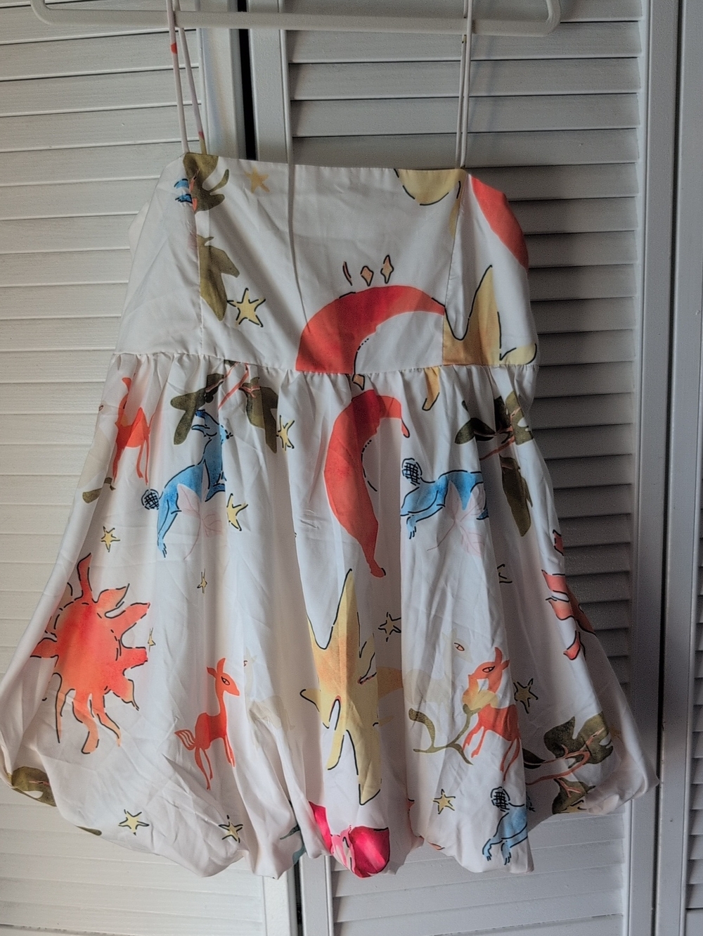 White Bubble Sundress with Coral and Blue Motifs